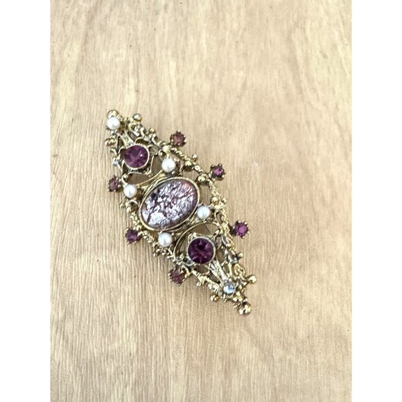 Vintage Edwardian Brooch Amethyst Rhinestones Foil Center Tube Closure Gold Tone - Picture 7 of 9
